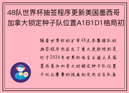 48队世界杯抽签程序更新美国墨西哥加拿大锁定种子队位置A1B1D1格局初定 48队世界杯抽签程序更新美国墨西哥加拿大锁定种子队位置A1B1D1格局初定